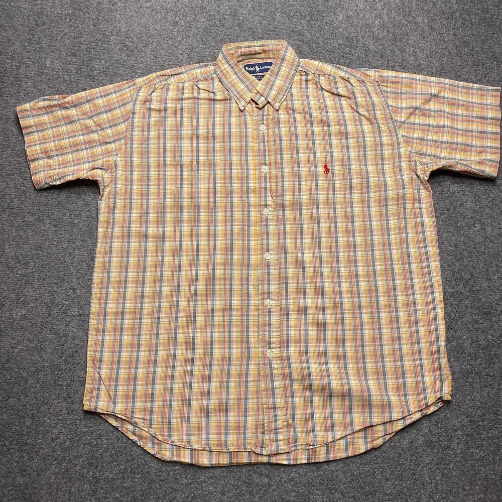 Vintage Ralph Lauren Shirt Mens Medium Tan Plaid Blake 100% Cotton Short Sleeve